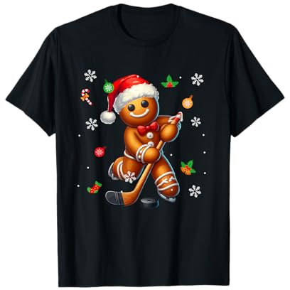 Gingerbread Playing Hockey Christmas Player Kids Family T-Shirt