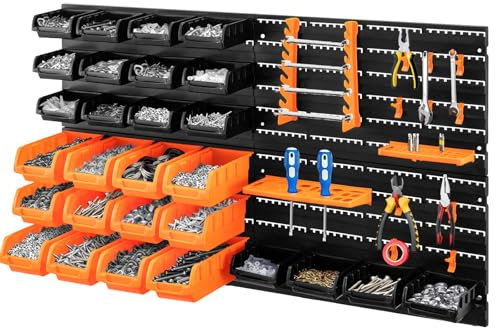 Holdfiturn 46Pcs Wall Mounted Storage Bins Backboard DIY Stackable Workshop Storage for Tools Hardwares Crafts 95*81.6cm Plastic Bin Panel Rack with Screws for Tool Shed Garage Workshop