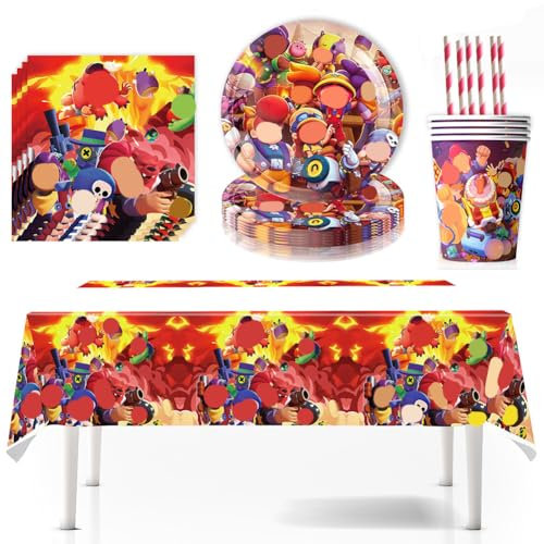 51PCS Brawl Party Supplies Set Includes Gaming Themed Birthday Reusable Plastic Straws Plates Napkins Cups Tablecloth Wilderness Brawl Adventure Party Favors for Birthday for Kids