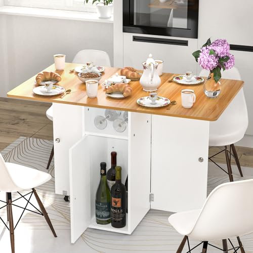 HAMHAIGO Table à Manger Pliable avec roulettes, Meuble de Rangement avec 2 étagère, Buffet, Table Console Pliable, Table de Cuisine Petit Espace pour 4 à 6 Personnes (Couleur Bois, 110x70x78 cm)