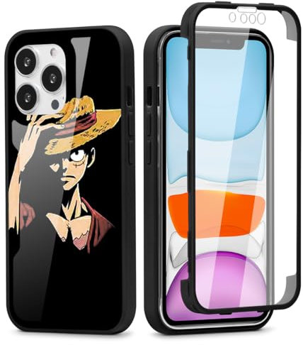 PBNDJVG for iPhone 13 6.1'' Case, OP Luffy 360° Full Body with Built-in Screen Protector Touch Sensitive, Shockproof Soft TPU Bumper Phone Case Clear Designed for Anime Lovers - Black
