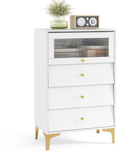 COSTWAY Commode Chambre, Armoire Cuisine avec Porte en Verre Strié Basculante, Tiroirs Coulissants, Pieds Métalliques Dorés, Kit Anti-Basculement, Armoire Vitrine (3 Tiroirs)