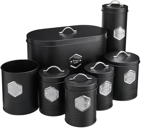 Cooks Professional 7 Piece Tea Coffee Sugar Bread Biscuit Pasta & Utensil Cannister Set | Labelled Storage Containers Tins with Airtight Lids for Kitchen Accessories & Essentials | Black & Silver