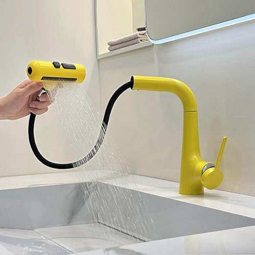 Waschtischarmatur Ausziehbar Bad Gelb 360° Drehbar Hebensfähiger Badezimmer Wasserhahn mit Brause Einhebel,Gelb