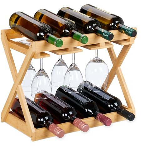 Relaxdays Cantinetta Portabottiglie, Scaffale per 8 Bottiglie di Vino in Orizzontale e 6 Bicchieri, 35x45x23 cm, bambù, Fibra di Legno