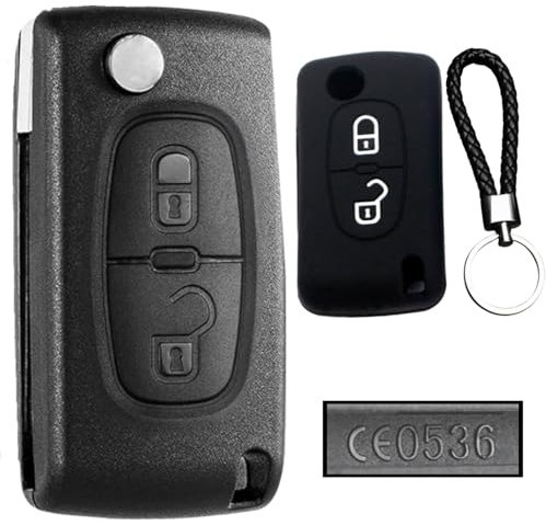 Set Carcasa Llave Compatible con Peugeot Citroen 2 Botones + Llavero y Funda Silicona – Compatible con Peugeot 207 307 Partner, Citroen C3 C4 Berlingo – Repuesto Mando Coche con Zocalo de Pila