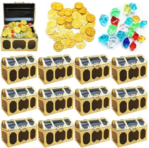 BAIFULAI 12 Stück Mini Schatztruhe, Schatzkiste Kindergeburtstag Set, Schatztruhe Kunststoff mit 12 Edelsteine für Kinder und 12 Goldmünzen, für Aufbewahren Und Dekorieren, Kindergeschenk