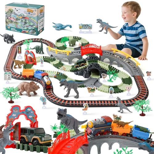 LTFIOON Circuit Train Electrique,259 PCS Jeu de Jouets de Véhicules avec Pont,Dinosaure Jouet Piste de Course, Pistes Flexibles,Jouets Train de Dinosaures Cadeau Garçons et Filles 3 4 5 6 7 8 9 10 Ans