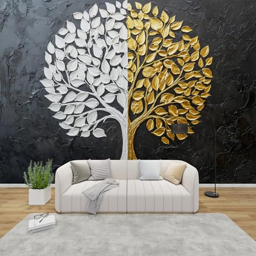 MMYAOKEN Papier Peint Panoramique Arbre de Vie 400x280 cm - Décoration Murale Or et Blanc Arbre - Tapisserie Murales Papier Peint Intissé pour Chambre Salon - Poster Tableaux Photo Muraux