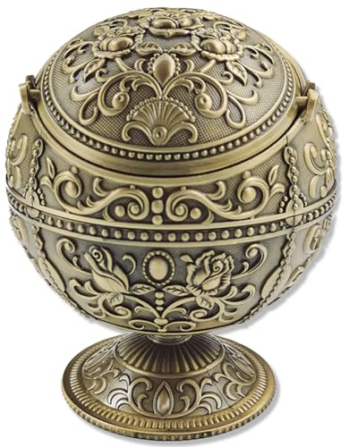 Cenicero Decorativo Vintage Estilo Europeo con Tapa - Cenicero Metálico Cortavientos para Decoración de Hogar y Oficina Interior Exterior - Idea de Regalo Única para Fumadores y No Fumadores (A)