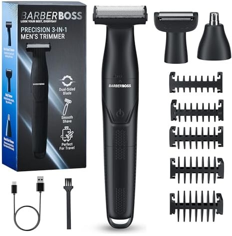 BarberBoss 3-in-1 Präzisionstrimmer Herren Bart und Haarpflegeset für Männer, Körperpflege, Nasen- und Ohrentrimmer, wiederaufladbarer kabelloser Rasierer (Schwarz)