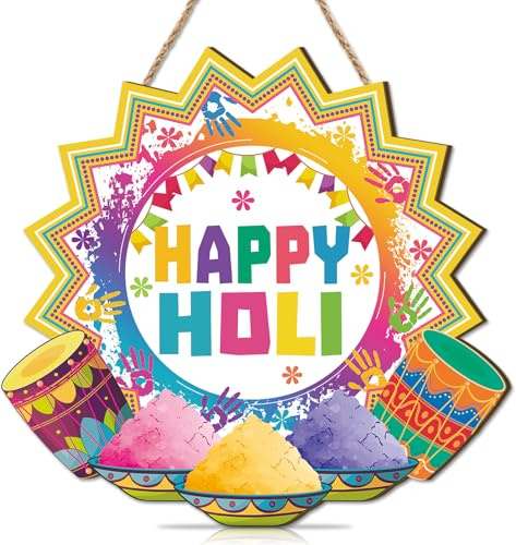 CHDITB Happy Holi Wandkunst,Holi Dekoration Willkommensschild,Haustür deko Hindu hängende Schilder,Bunte Indianische Festdekoration,Hinduisches Festparty Neujahrsdekoration für Zuhause Deko