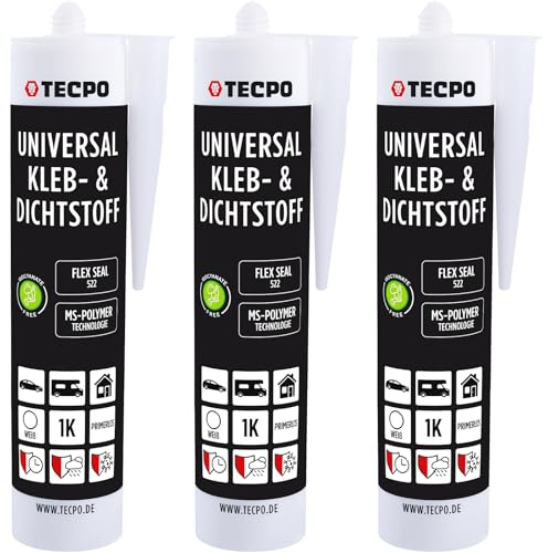 TECPO Universal Kleb- und Dichtstoff MS-Polymer 3x 480g weiß Flex Seal 522 elastisch, silikonfrei, lösemittelfrei, Auto Wohnmobil Bau Industrie Innen und Außen