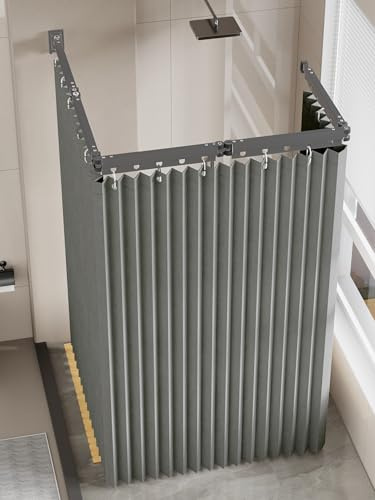 PEESHON Duschvorhangstange Ohne Bohren, Faltbar 2m, mit Duschvorhang 1,8×2m, 5-fach Stange & 25,5cm Teleskopstange, für Badezimmer, Umkleidekabinen, Wohnmobile (Grau)