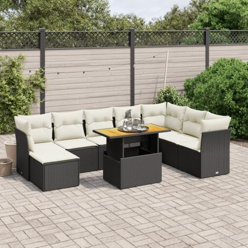Hoopleep 9-TLG. Garten-Sofagarnitur Schwarz aus robustem Poly Rattan, modulares Outdoor Loungeset mit verstellbarem Esstisch und cremeweißen Kissen für Terrasse, Balkon