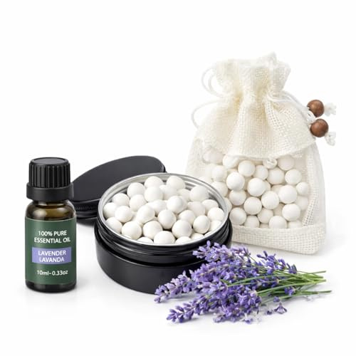 Ambientador Armarios y Hogar con Bolas Cerámicas | Lavanda 10 ml | Doble Difusor: Saquito Aromático + Caja Difusora | Natural, Reutilizable y sin Electricidad | Baño, Dormitorio y Cajones (Lavanda)