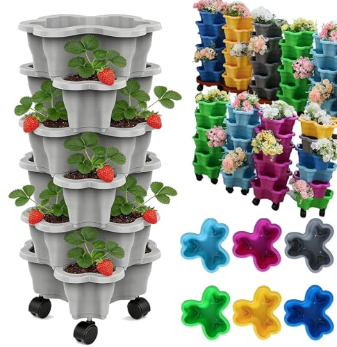 Générique Tour à Fraises Empilable 6 Niveaux, Bac à Fraises en Hauteur, Jardin Vertical, Tour de Culture Verticale, Pot de Fleurs Extérieur pour Fraisier, Plantes Aromatiques et Légumes (Gris)