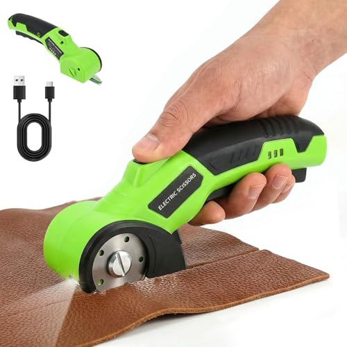 4.2V Cordless Electric Scissors with Safety Lock & LED Light, Self-Sharpening Cardboard Cutter Box Cutter, Rechargeable Rotary Cutters for Fabric Carpet Leather Crafting(Green1)