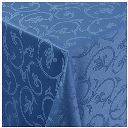 Tischdecke Damast Stoff Barock Tulpen Tischtuch Bügelarm rund 220 cm in Blau mit umgenähtem Rand Premium Qualität