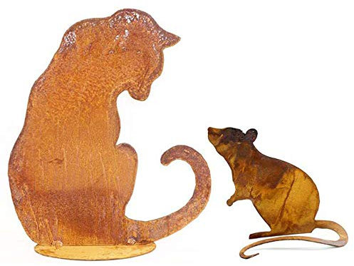 itsisa ® Dekofigur Katze mit Maus im Rost Design, Rostfigur für den Garten, Gartendeko, Metalldeko