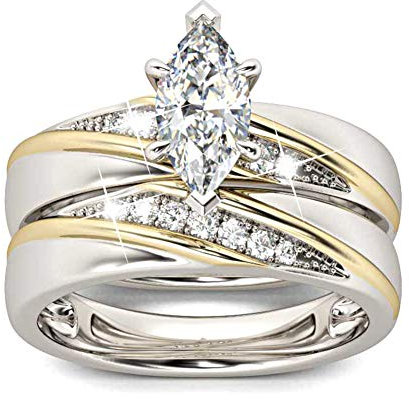 Jeulia 2 pièces ensemble de bagues pour femmes en argent Sterling Diagonal Marquise coupe anneaux bijoux pour mariée alliance bague de fiançailles (Plaqué or jaune, 50)