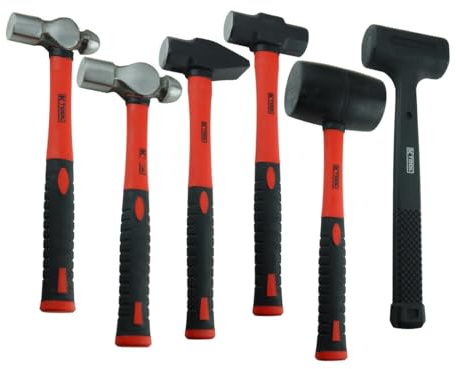 K Tool International 71770 6-teiliges Hammer-Set für Garagen, Reparaturwerkstätten und Heimwerker, Karbonstahl, geschmiedeter, wärmebehandelter Fiberglasgriff, TPR-Griff, Schlitten, Kreuzstifte,