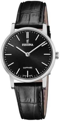 Festina Uhr Für Damen F20013/4 Swiss Made Silber Edelstahl Case SchwarzLeder Band