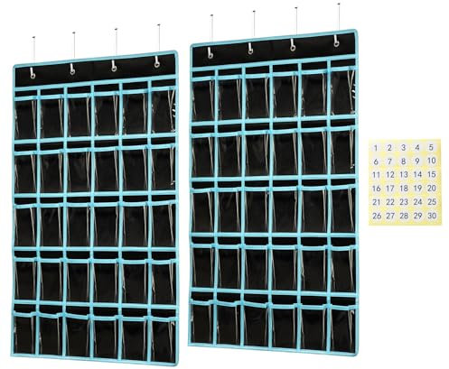 KEEPJOY Taschenrechner-Halter für das Klassenzimmer, mit 30 durchsichtigen Taschen und Nummernaufkleber, Größe 84 x 61 cm, 2 Stück, Schwarz