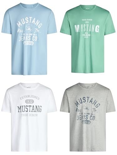 MUSTANG Tshirt Herren Baumwolle Regular Fit 4er Pack Set Rundhals Kurzarm Sommer Tee Shirt Logoprint, Größe:M, Farbe:Farbmix (P22)