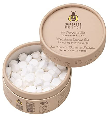 SuperBee Dentos Toothpaste Tablets, 150 Tabs, Fluoride Free & Eco Friendly, Travel Mouthwash Tablets, Sensitive Bites for Kids and Adults, Chewable Tablet, Spearmint