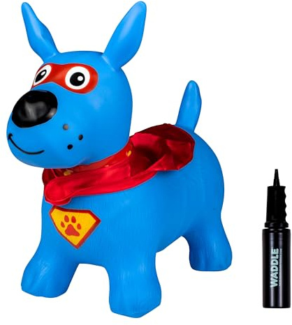 Waddle Bouncy Animal Hopper - Inflatable Hopping Animals, Indoors and Outdoors Fun, Pump Included, Riding Toys for Boys and Girls Ages 2 Years and Up, Blue Super Hero Dog
