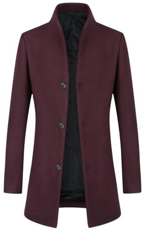 Allthemen Manteau Homme Hiver Long Trench Pardessus Parka Coat en Laine Chaud Veste Slim Fit Coupe Vent Col Montant Vin Rouge M