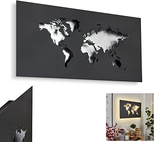 HOFSTEIN LED Wandleuchte Zabreira, Wandlampe aus Metall in Schwarz/Silberfarben, LED Weltkarte Wandbild mit Leuchtdesign und tollem Lichteffekt, 1-flammig, 1x LED 26 Watt, 1700 Lumen, 3000 Kelvin