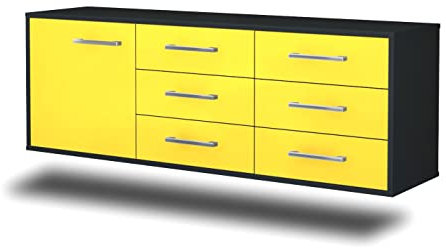 Lqliving TV-Board Lowboard Portland, Wandmontiert, Korpus in anthrazit matt, Front im trendigem Gelb (136x47x35cm), mit Metall Griffen, Made in Germany