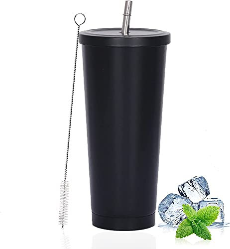 LATERN Eiskaffeebecher mit Deckel und Strohhalm, 750ml Isolierter Edelstahlbecher Doppelwandiger Vakuum Reisekaffeebecher Wiederverwendbarer Wasserbecher Hält Getränke Kalt und Heiß (Schwarz, 1 Stück)