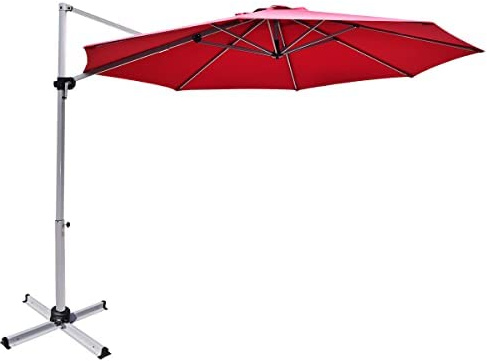COSTWAY 3.3m Garden Parasol, 360 Degree Rotation Overhanging Cantilever Umbrella with Tilting Adjustment, Crank Handle and Step Pedal, Outdoor Patio Offset Banana Market Umbrellas (Red)