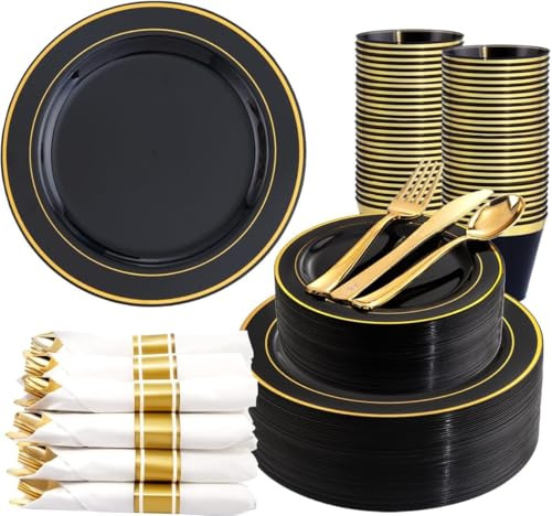 350 Pieces Black and Gold Plastic Plates with Disposable Silverware, Include 50 Dinner Plates 9”, 50 Dessert Plates 6.3”, 50 Black Cups 9 OZ, 50 Pre Rolled Napkins for Wedding Party Graduation