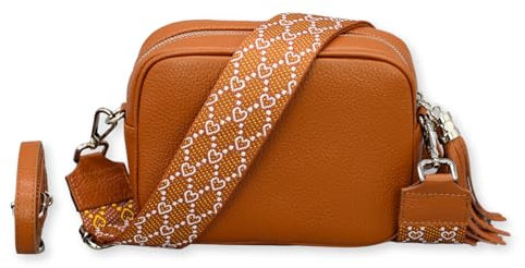 BRISE Umhängetasche Damen Echtleder KIRA Silber Handgemachte Crossbody Bag Schultertasche mit Ledergurt + Optionalen Breiten Gemusterten Riemen Verstellbarer Gurt Made in Italy (Cognac Braun-5)