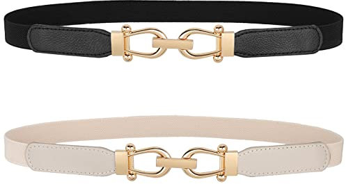 WERFORU 2 Stück Frauen Dünner elastischer Gürtel für Kleider,Dünne Retro Stretch Taille Gürtel mit goldener Schnalle