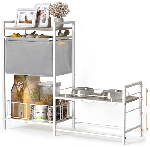 Lomivra Elevated Dog Feeding Station, Stand with Toy Bin, Food & Water Bowls, Organizer for Large, Medium & Small Dogs - White