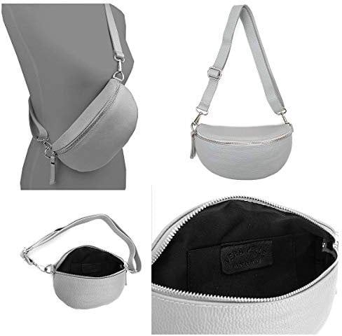 Made in Italy OBC Damen Set Gürteltasche + Schultergurt Leder Crossbody Hüfttasche Bauchtasche Umhängetasche Brusttasche Crossover Bodybag Schultertasche Handytasche Geldtasche Tasche Grau Gürtel