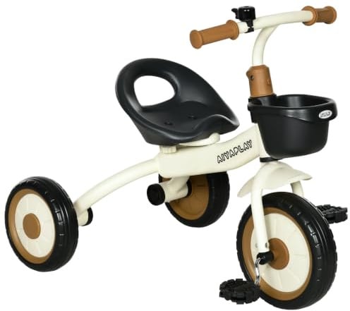 AIYAPLAY Triciclo para Niños de 2 a 5 Años Asiento Ajustable y Cesta Crema | Bicicleta Infantil, Timbre, Pedales, 3 Ruedas, Carga 25 kg, 70,5x53x58 cm