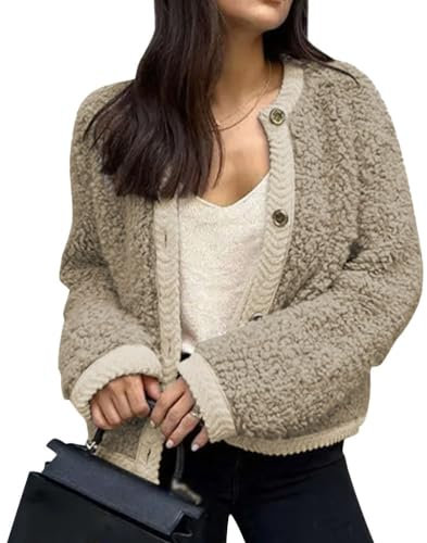 ORANDESIGNE Damen Fleece Jacke Einfarbig Teddyfleece Outdoor Bekleidung Stehkragen Kuschelige Reißverschluss Fleecemantel mit Taschen E Khaki M