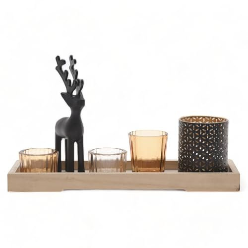 MIJOMA | Stilvolles Teelichthalter Set Hirsch, 6-teilig mit Holzbrett, Deko-Hirsch & Glas-Kerzengläsern in Brauntönen | Trendiges Geschenkset | 17cm hoch (Tablett holzfarben, 32 x 10 x 17 cm)