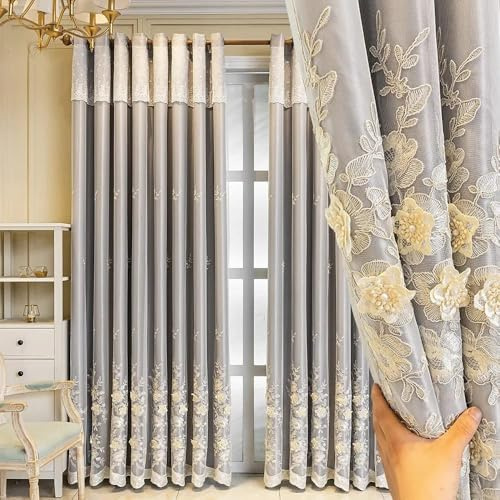 Amidoudou 1 Pair European 3D Flower Luxury Embroidered Curtains Double Layer Curtains with Valance for Living Room Bedroom (Grey,66 x 90 Inch)
