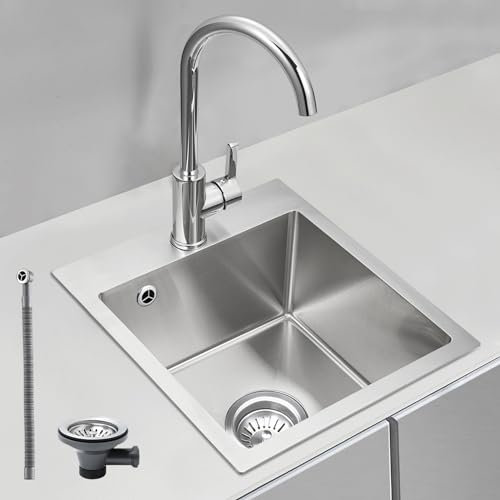 ROVOGO 304 Edelstahl Spülbecken Klein Gebürstet, 50 x 40 cm Spüle Küche mit Ablaufgarnitur inkl. Siebkorbventil und Abtropf-Überlauf, Einbauspüle mit hahnloch für Armatur, Küchenspüle 1 Becken