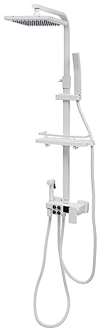 Système de douche à effet pluie avec robinetterie - Kit de douche complet - Colonne de douche avec thermostat - Rail de douche réglable blanc laqué - 4 sorties