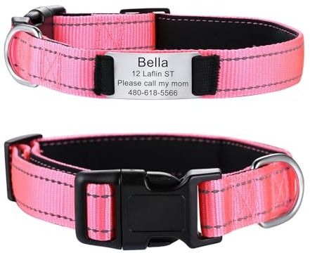 MeMeDIY Collar de Nylon Personalizado para Perros con el Nombre de la Mascota Grabado Placa de Identificación Silenciosa de Acero Inoxidable Collar Ajustable-Rosa, L