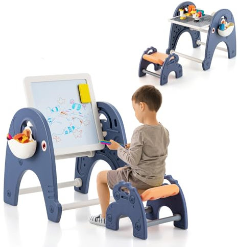 COSTWAY Kids Table and Chair Set, Toddler Art Easel with Double-Sided Tabletop, Building Blocks, Multi-activity Children's Play Tables for Boys Girls