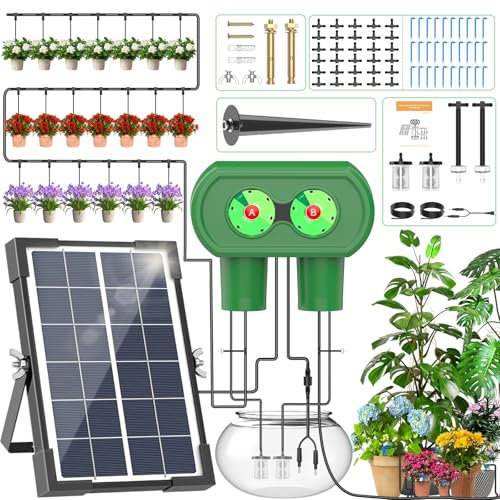 TRJZWA Kit di Sistema di Irrigazione Solare con Timer di Irrigazione a Doppia Porta Divisa Batteria da 2600 mAh Kit di Sistema di Irrigazione Solare Automatico per Giardino Balcone Piante in Vaso